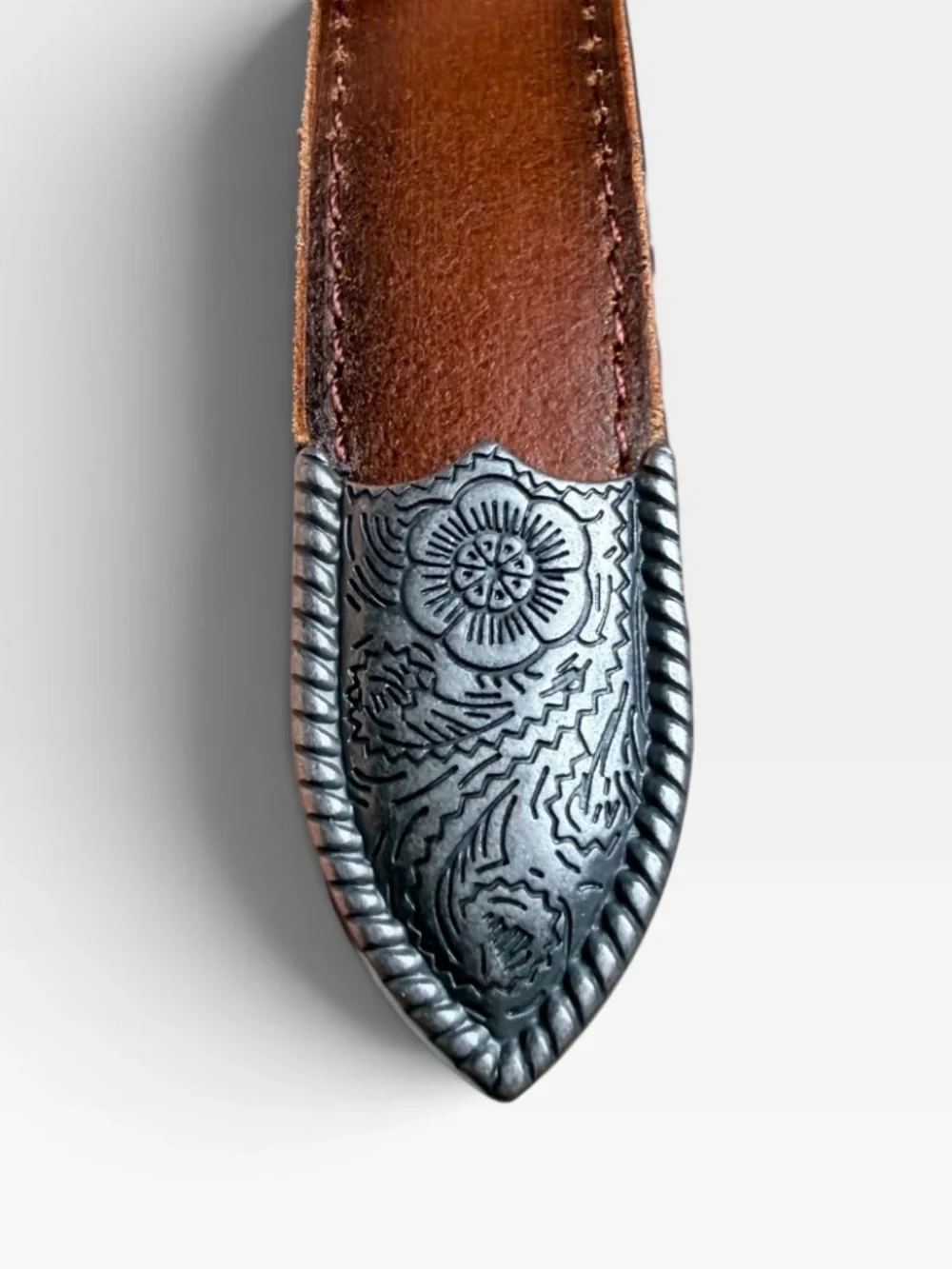 Brown leather Belt with Ornate Silver Buckle Floral Engraving Size Large